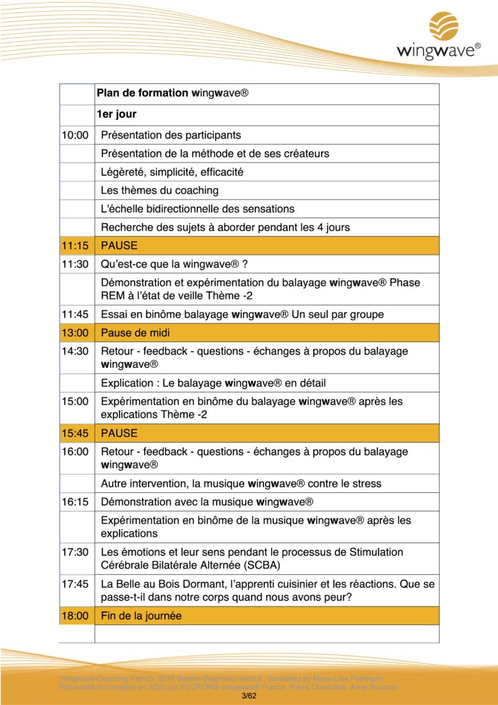 Emploi du temps de la première journée de formation de coach wingwave ISO 29993