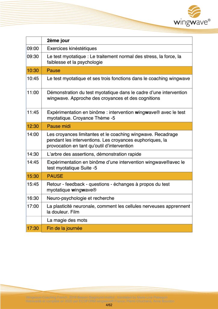 Emploi du temps de la deuxième journée de formation de coach wingwave ISO 29993