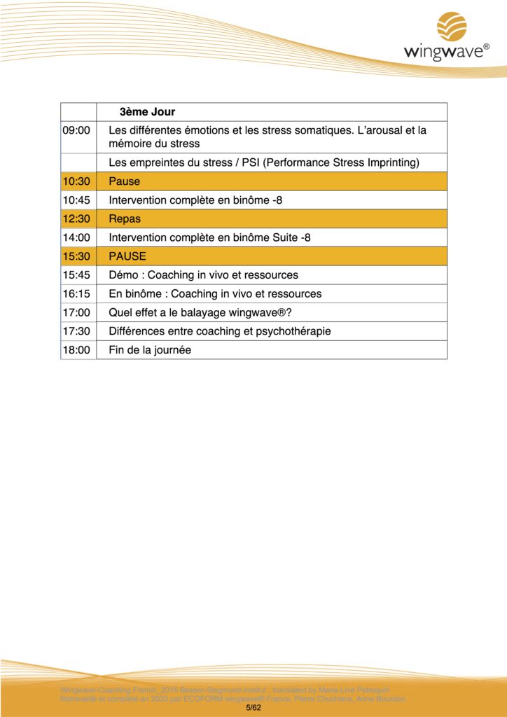 Emploi du temps de la troisième journée de formation de coach wingwave ISO 29993